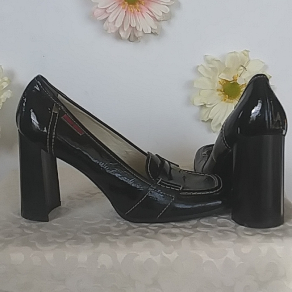 Miu Miu Penny Loafer High Block Heel Black Patent Italian Leather Size 3…